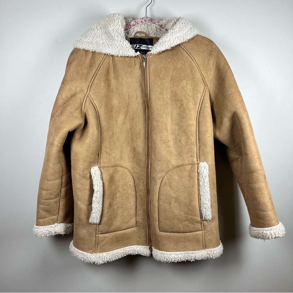 IZ Sport Vintage Penny Lane Tan Faux Suede Sherpa Hooded Coat Y2K Jacket Large